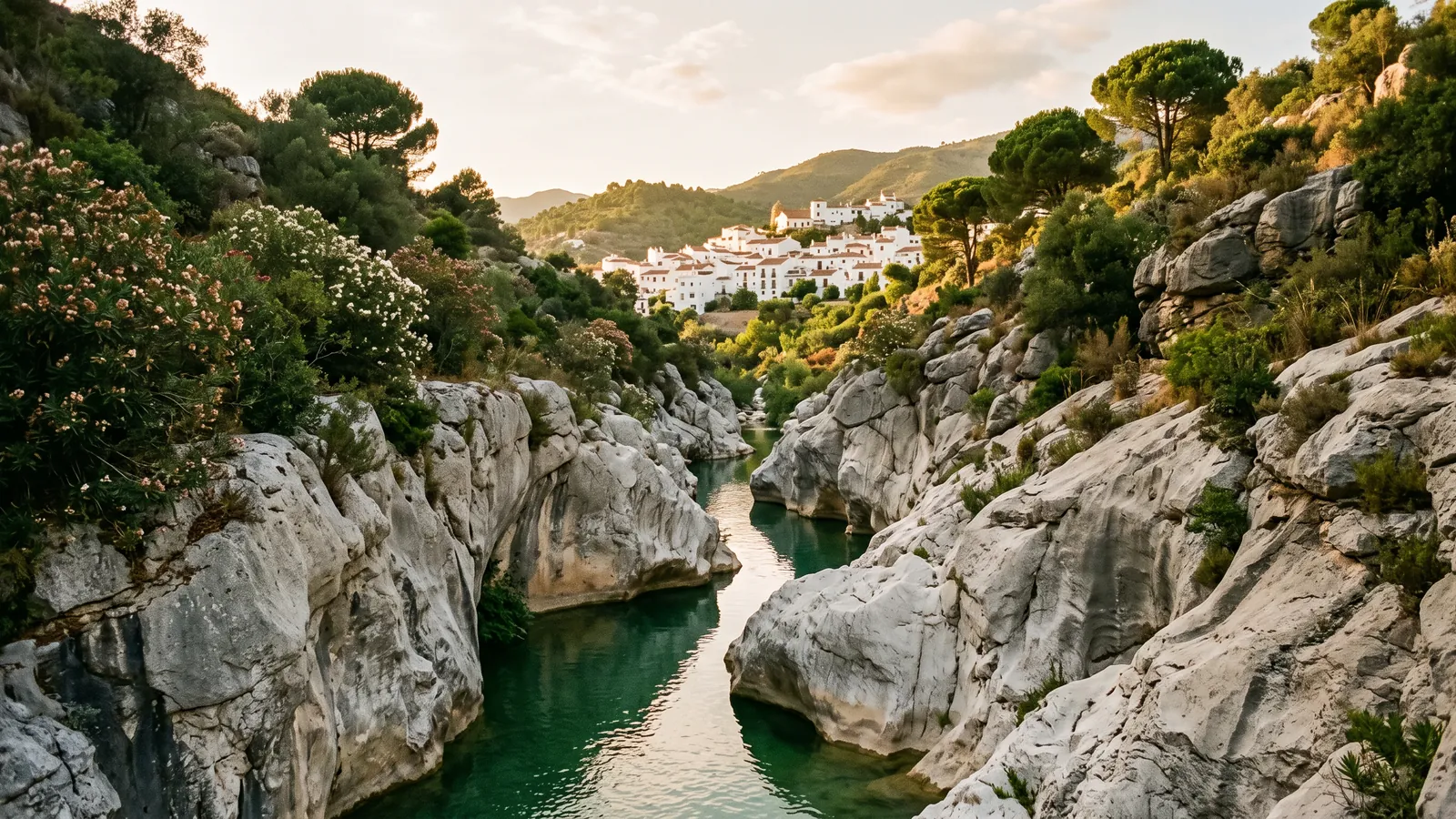Limestone gorge with emerald water and a white Andalusian village on the hillside at sunset