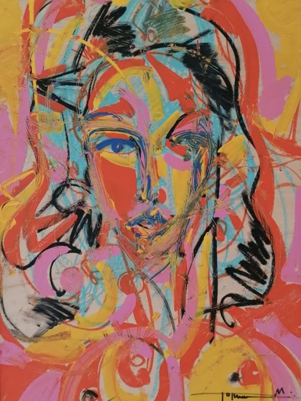 Expressive female face in red, yellow and pink with black brushstrokes, signed by Markus Tollmann