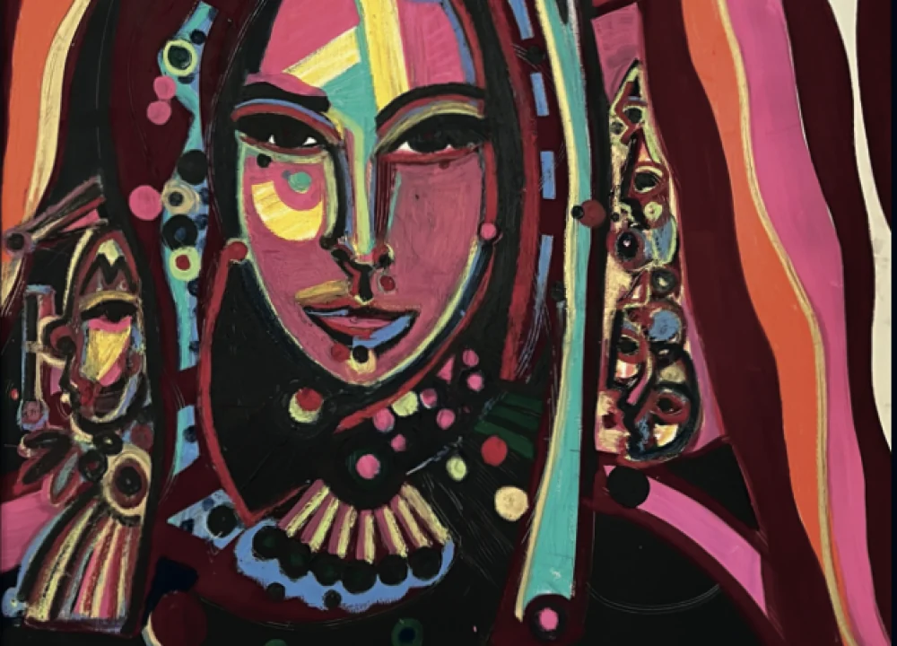 Colour-saturated female portrait by Markus Tollmann in red, pink, turquoise and yellow with black contour lines
