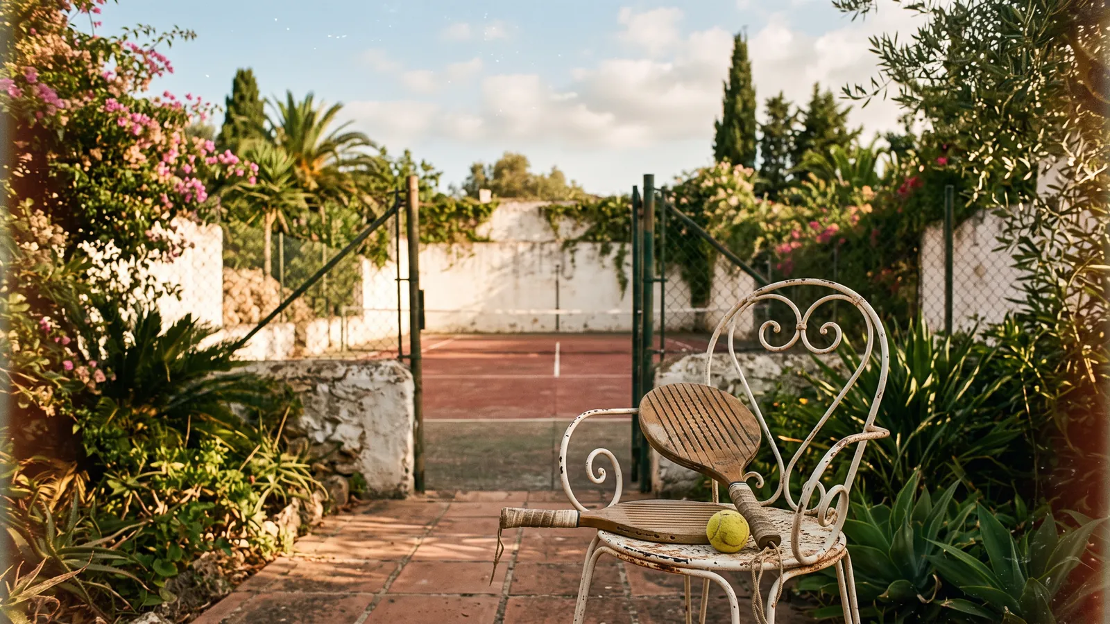 Early padel court with white walls in a Mediterranean garden and two wooden paddles on an iron chair